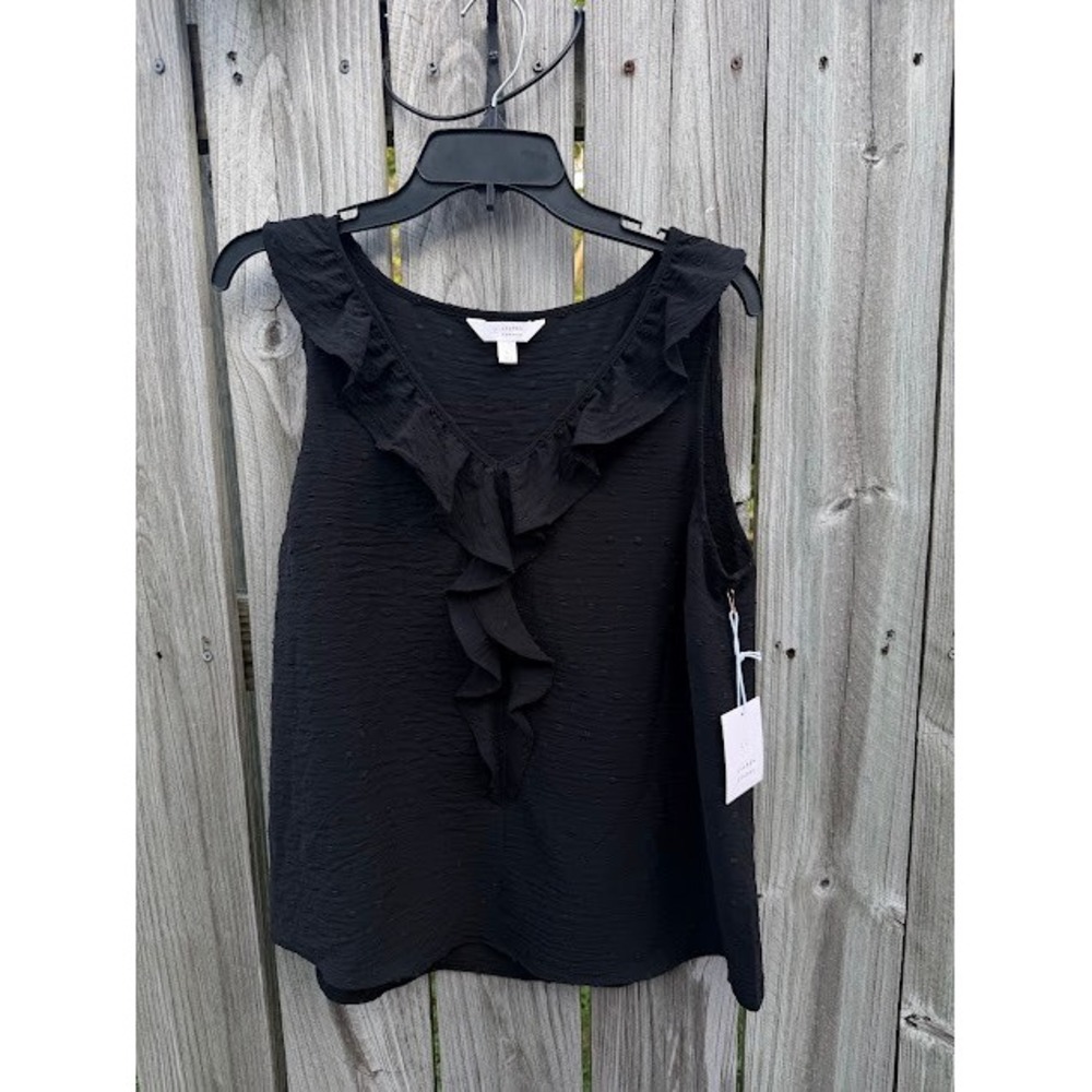 Boho Romantic LC Lauren Conrad Tank Top L Black Ruffle Swiss Dot Sleeveless